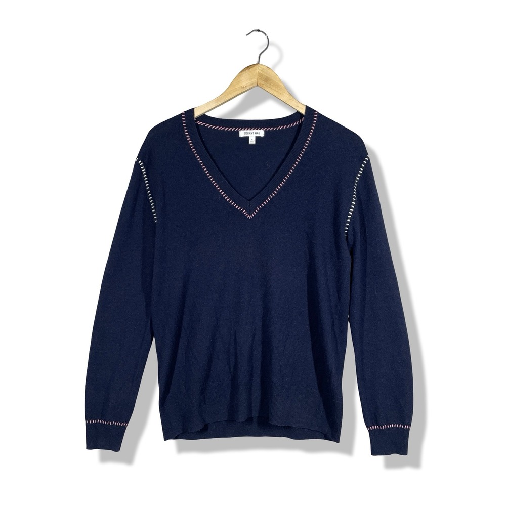 Johnny Was Sweater Womens Small Navy Blue Cashmere Wool V-Neck‎ Boho Whipstitch